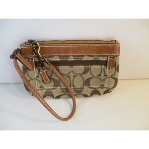 Coach Brown Canvas Leather Mini Slide Strap Zip CC Logo Wallet Wristlet Purse